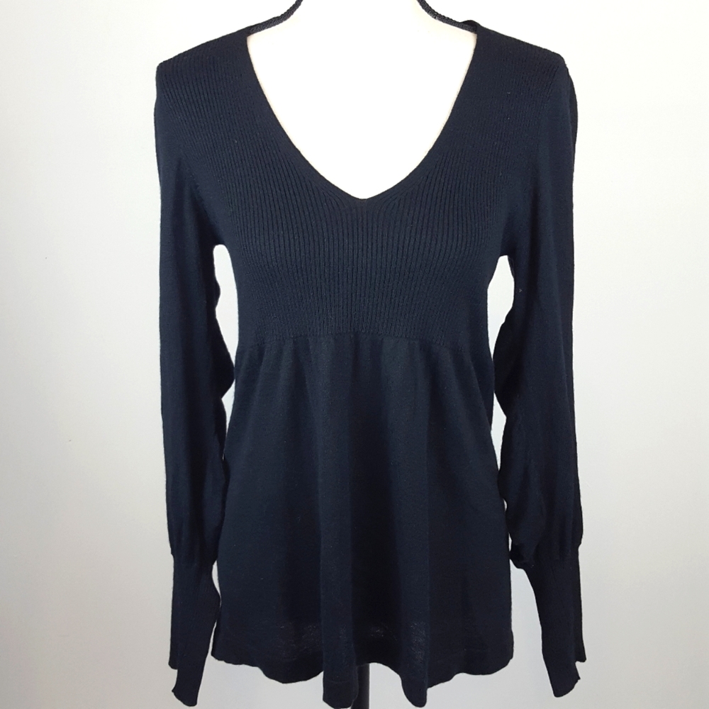 Magaschoni black cashmere soft long ruffle sleeve v-neck sweater size s/m